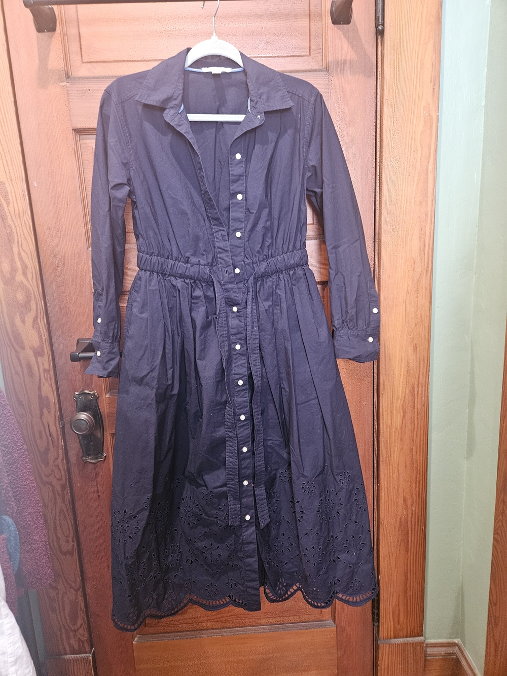 Navy Button-Front Midi Dress with Eyelet Hem